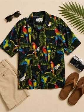 Bill Blass Tropical Parrot Hawaiian Shirt Button Front Resort Camp Shirt